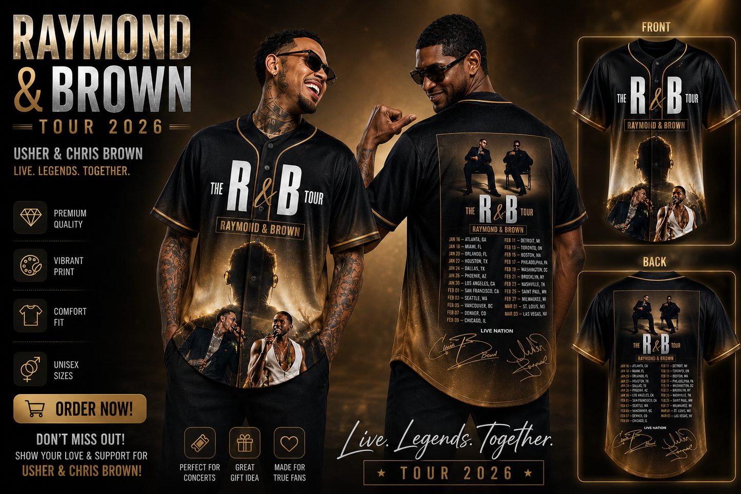 Live Legends R&B Tour Jersey Shirt – Black Concert Style Baseball Jersey