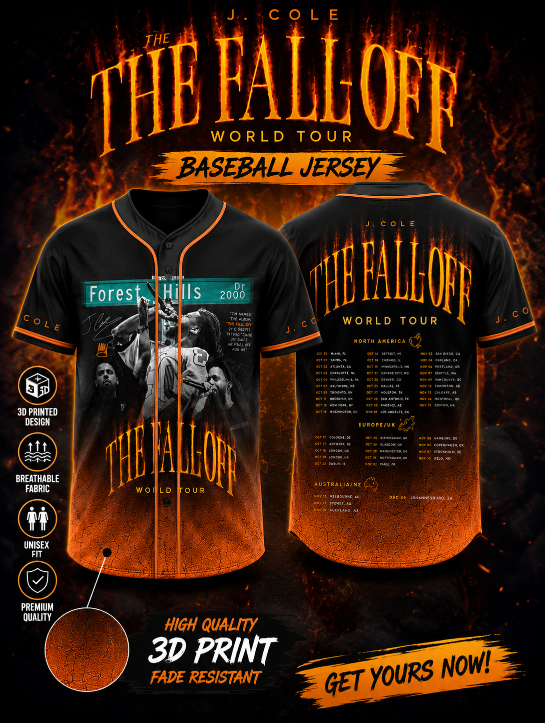 Hip Hop World Tour Baseball Jersey, Black Orange Streetwear Fan Shirt