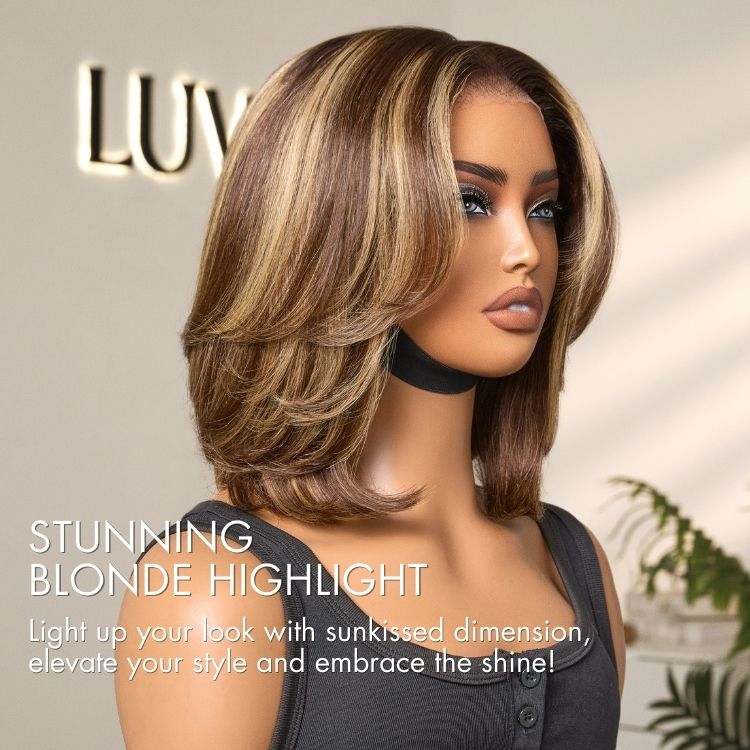 Hair Blonde Highlight / Brown Highlight Short Layered Bob Wig Glueless 5x5 Closure Pre-Cut Lace Wig
