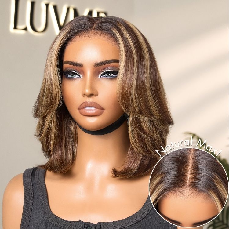 Hair Blonde Highlight / Brown Highlight Short Layered Bob Wig Glueless 5x5 Closure Pre-Cut Lace Wig