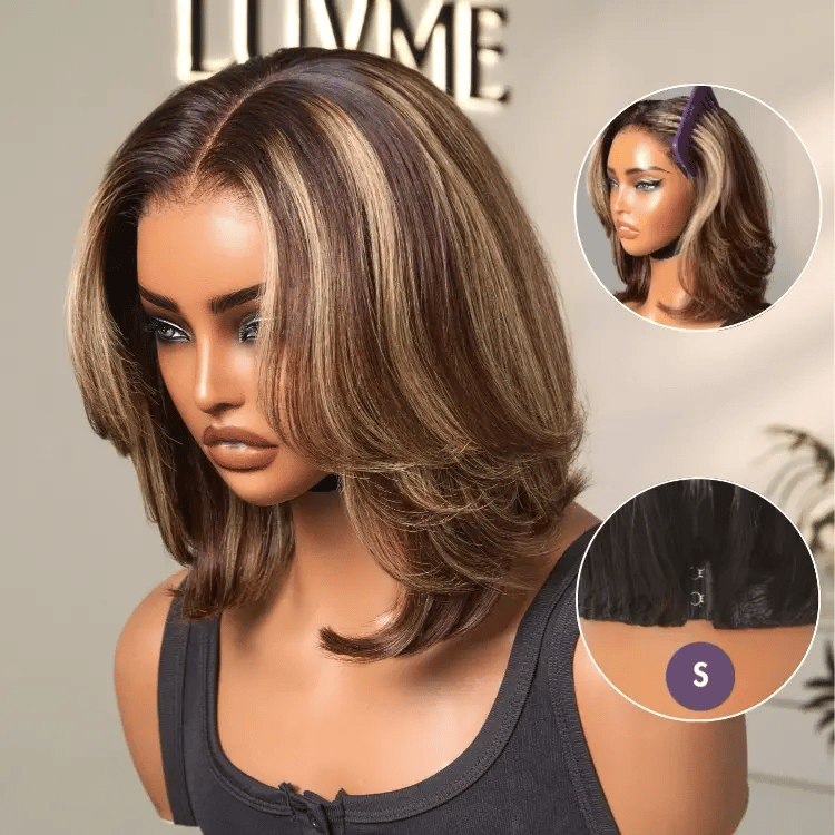 Hair Blonde Highlight / Brown Highlight Short Layered Bob Wig Glueless 5x5 Closure Pre-Cut Lace Wig