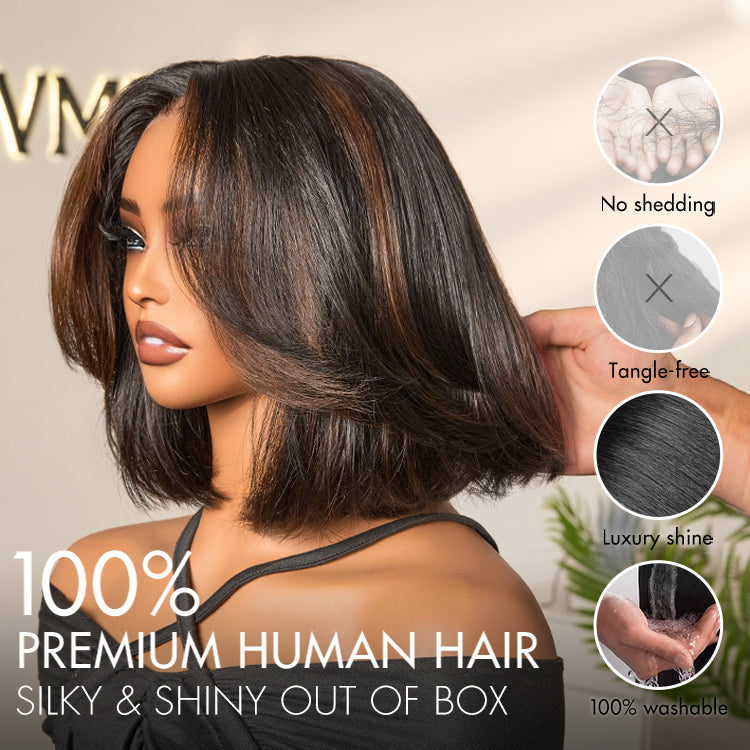 Hair Blonde Highlight / Brown Highlight Short Layered Bob Wig Glueless 5x5 Closure Pre-Cut Lace Wig