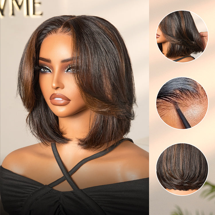 Hair Blonde Highlight / Brown Highlight Short Layered Bob Wig Glueless 5x5 Closure Pre-Cut Lace Wig