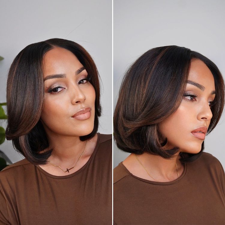 Hair Blonde Highlight / Brown Highlight Short Layered Bob Wig Glueless 5x5 Closure Pre-Cut Lace Wig