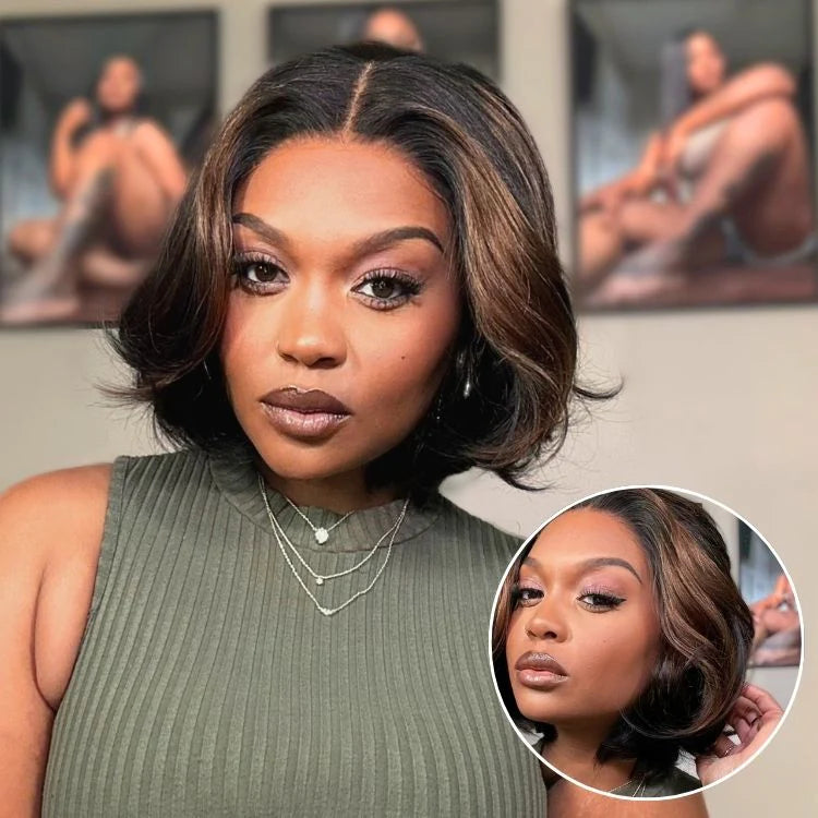 Hair Blonde Highlight / Brown Highlight Short Layered Bob Wig Glueless 5x5 Closure Pre-Cut Lace Wig