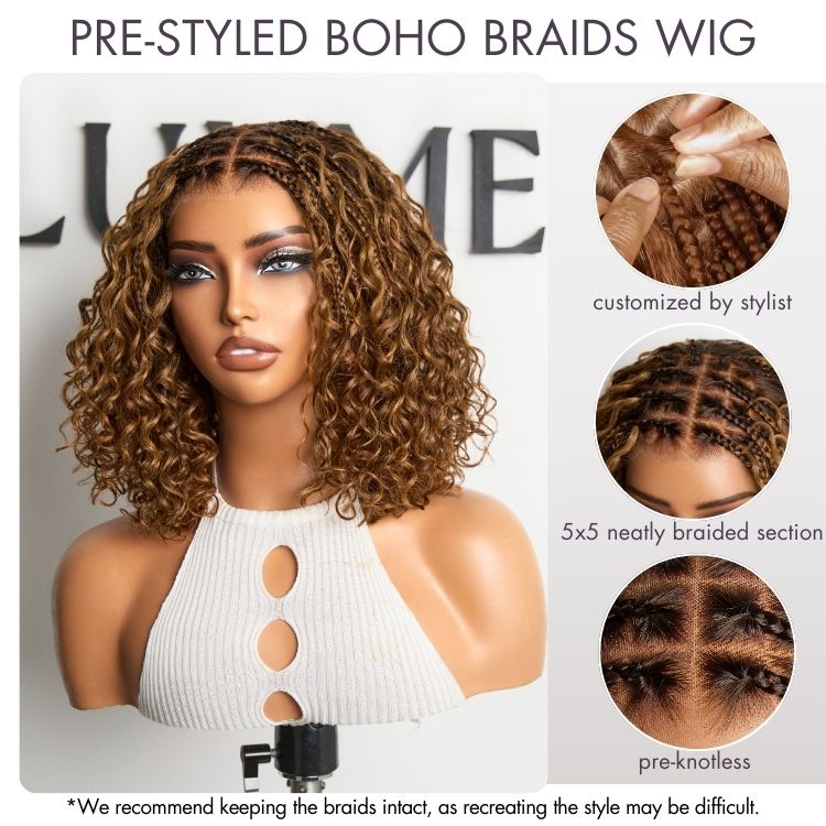 Hair-Readitress™ Boho Braids Deep Curly Glueless 5x5 Closure Lace with Braided Top Human Hair Wig Pre-Cut Lace