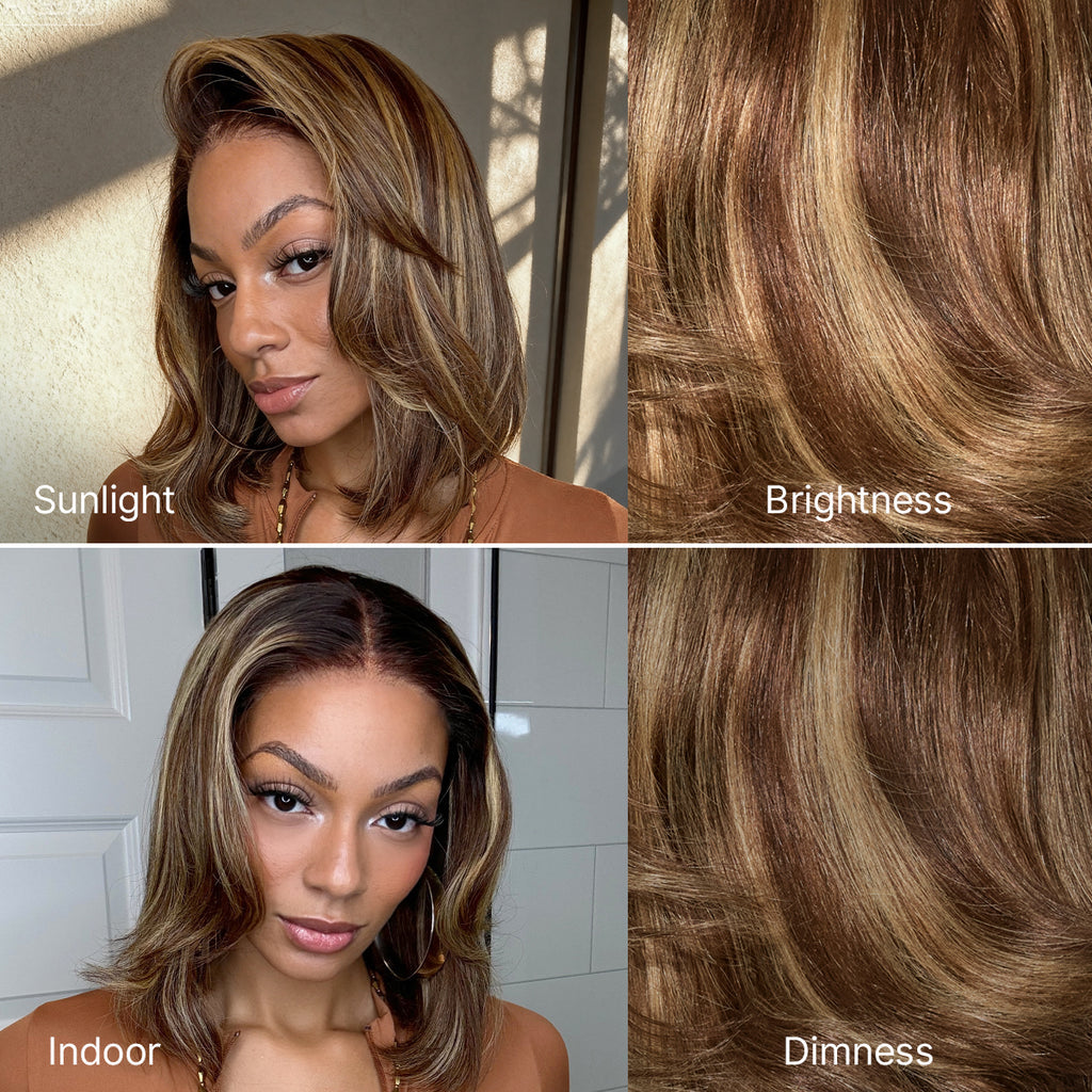 Hair Blonde Highlight / Brown Highlight Short Layered Bob Wig Glueless 5x5 Closure Pre-Cut Lace Wig