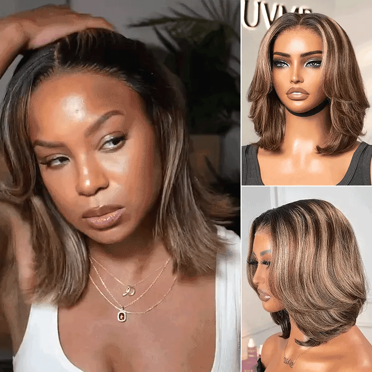 Hair Blonde Highlight / Brown Highlight Short Layered Bob Wig Glueless 5x5 Closure Pre-Cut Lace Wig