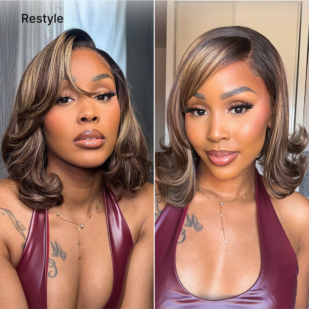 Hair Blonde Highlight / Brown Highlight Short Layered Bob Wig Glueless 5x5 Closure Pre-Cut Lace Wig