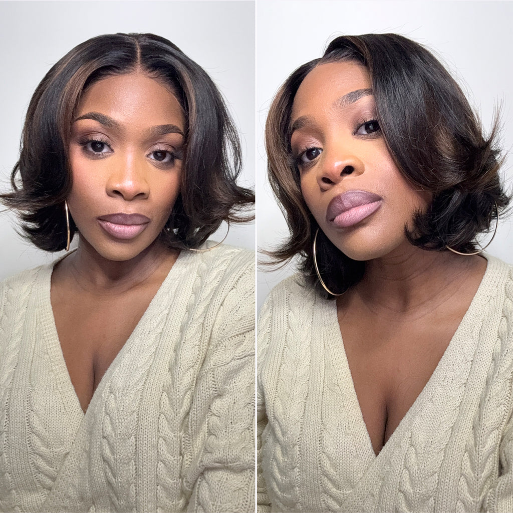 Hair Blonde Highlight / Brown Highlight Short Layered Bob Wig Glueless 5x5 Closure Pre-Cut Lace Wig