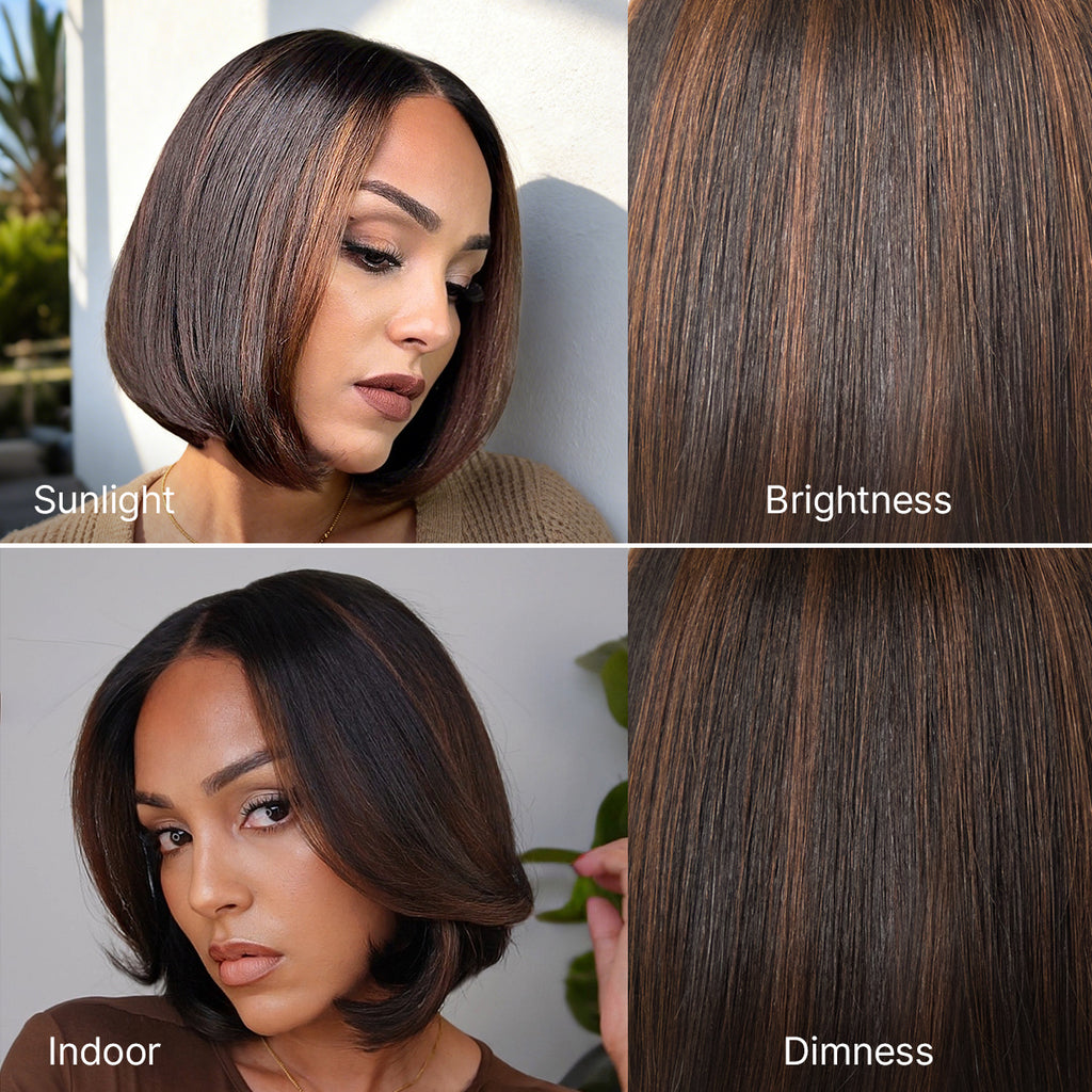 Hair Blonde Highlight / Brown Highlight Short Layered Bob Wig Glueless 5x5 Closure Pre-Cut Lace Wig