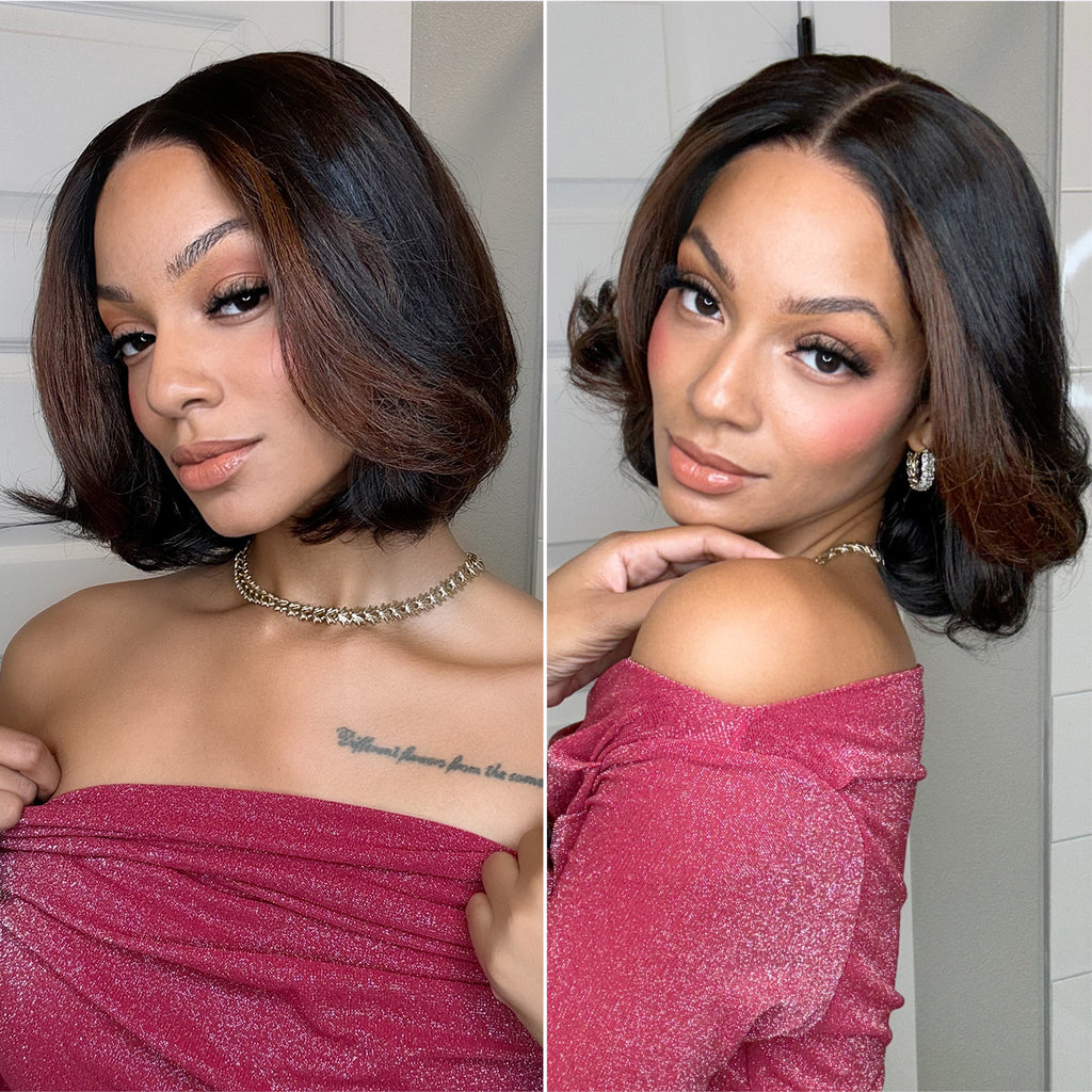 Hair Blonde Highlight / Brown Highlight Short Layered Bob Wig Glueless 5x5 Closure Pre-Cut Lace Wig