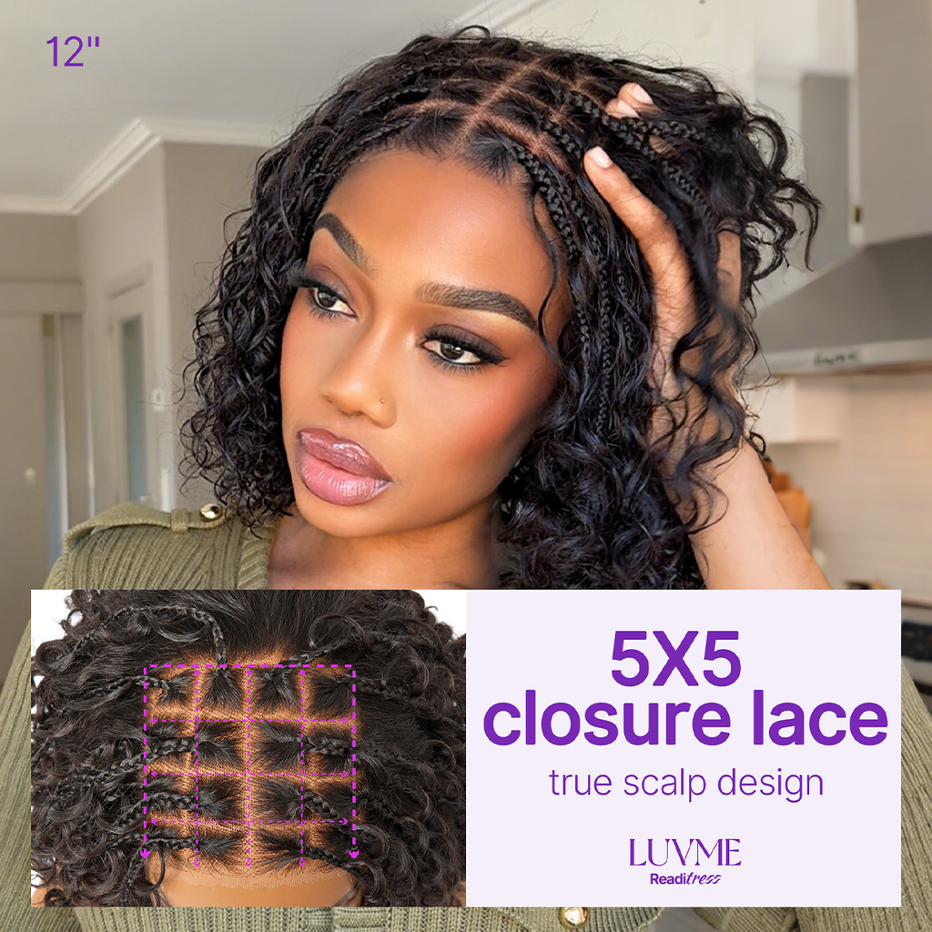 Hair-Readitress™ Boho Braids Deep Curly Glueless 5x5 Closure Lace with Braided Top Human Hair Wig Pre-Cut Lace