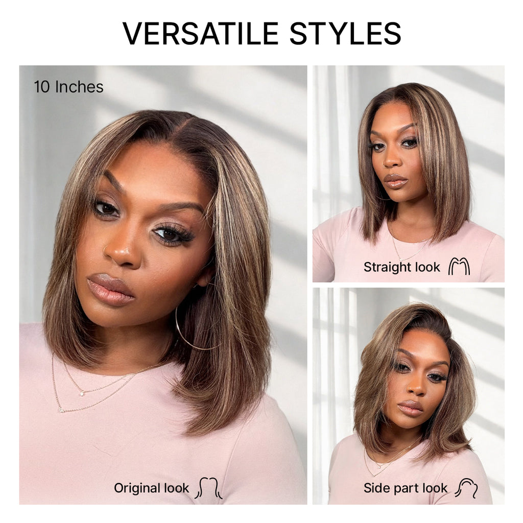 Hair Blonde Highlight / Brown Highlight Short Layered Bob Wig Glueless 5x5 Closure Pre-Cut Lace Wig
