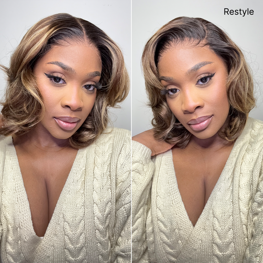 Hair Blonde Highlight / Brown Highlight Short Layered Bob Wig Glueless 5x5 Closure Pre-Cut Lace Wig