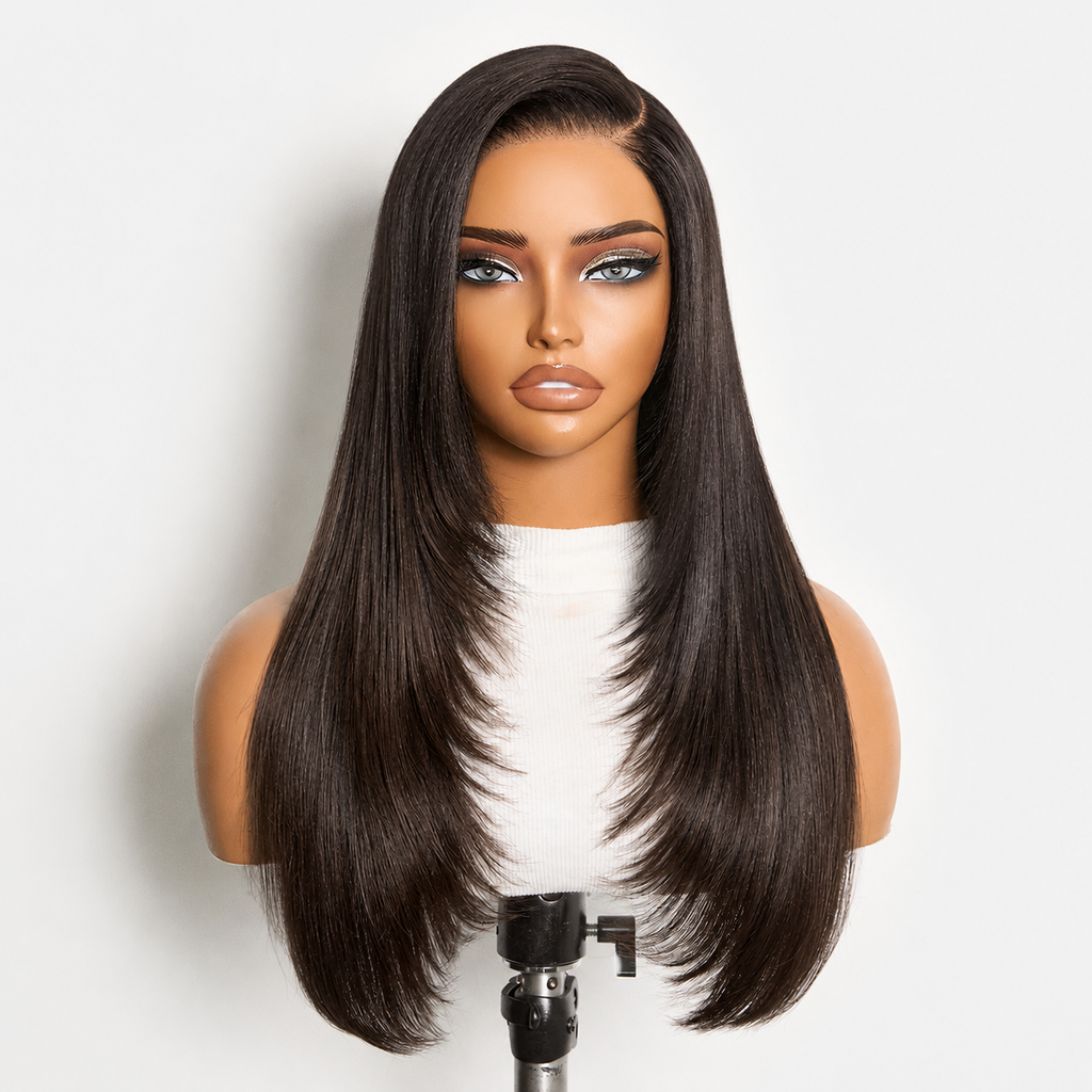 All-Day Comfort™ Wig 180% Density Butterfly Cut Layered Light Yaki Straight Glueless 7x6 Closure HD Lace Human Hair Wig Pre-Cut Lace