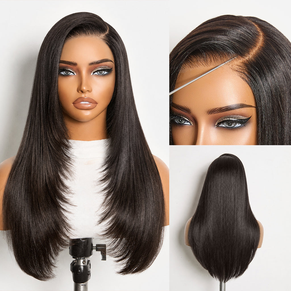 All-Day Comfort™ Wig 180% Density Butterfly Cut Layered Light Yaki Straight Glueless 7x6 Closure HD Lace Human Hair Wig Pre-Cut Lace