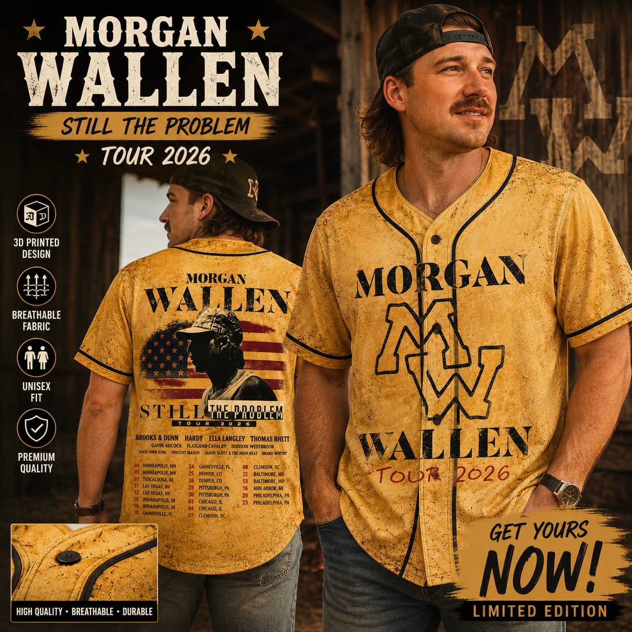 Yellow Country Music Baseball Jersey – Western Concert Style Shirt, Still The Problem Tour Fan Outfit