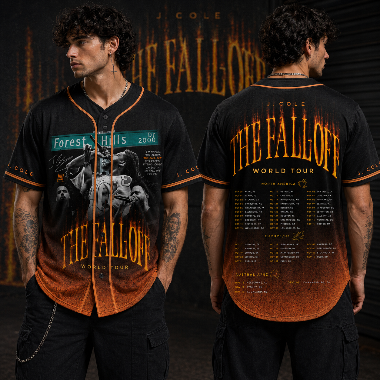 Hip Hop World Tour Baseball Jersey, Black Orange Streetwear Fan Shirt