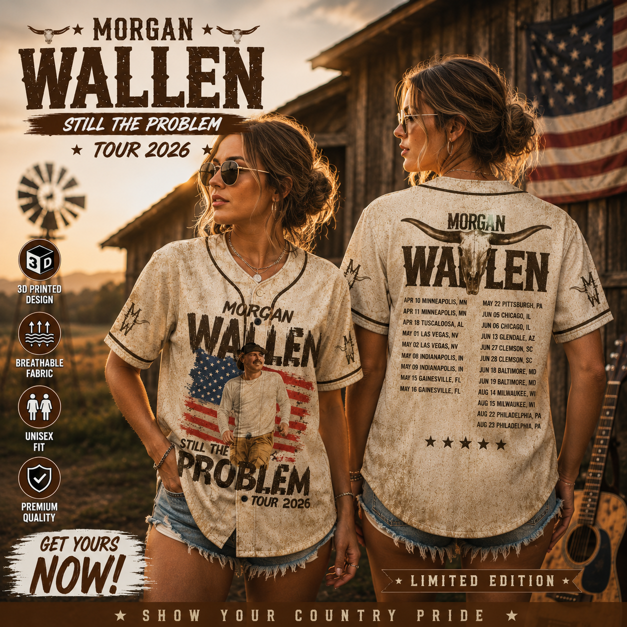 Country Music Tour 2026 Baseball Jersey, Vintage Western Flag Fan Shirt