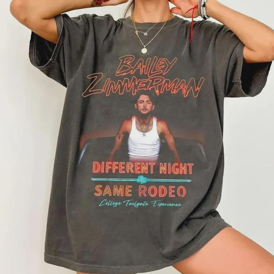 Bailey Zimmerman Tour 2026 Shirt, Different Night Same Rodeo Tee